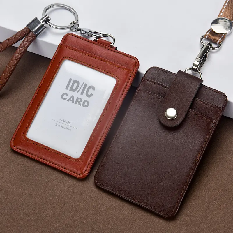 New Design PU leather working job badge ID card holder student school ID card holder with nice leather neck strap lanyard