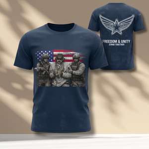 Maglietta Freedom Unity Stand Together unisex con collo rotondo, manica corta, grafica militare patriottica, streetwear per adulti - Product Image 1
