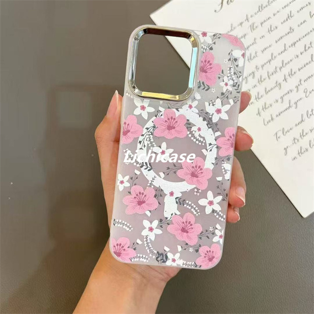 Lichicase Frosted Translucent Magnetic Phone Case for Samsung S26 S26 Plus S26 Ultra Pink Floral Flower Mobile Cover