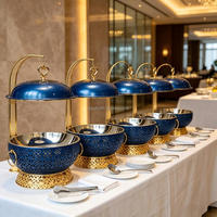 Chauffe-Plats Rond Commercial de Luxe Bleu-Or à Couvercle Suspendu 8L pour Service de Mijoté d'Agneau Vintage, Bistro et Fêtes Haut de Gamme