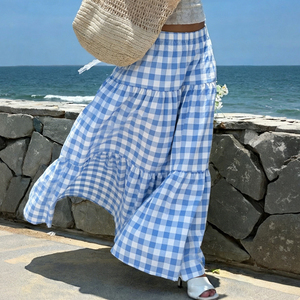Falda Larga Maxi a Cuadros con Cintura Natural, Estilo Casual de Playa para Vacaciones de Verano - Product Image 5