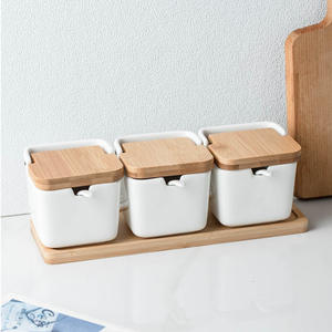 Ceramic Seasoning Pot Set with Tray Household Kitchen square Oil Salt Sugar <b>Jar</b> Set - Product Image 2