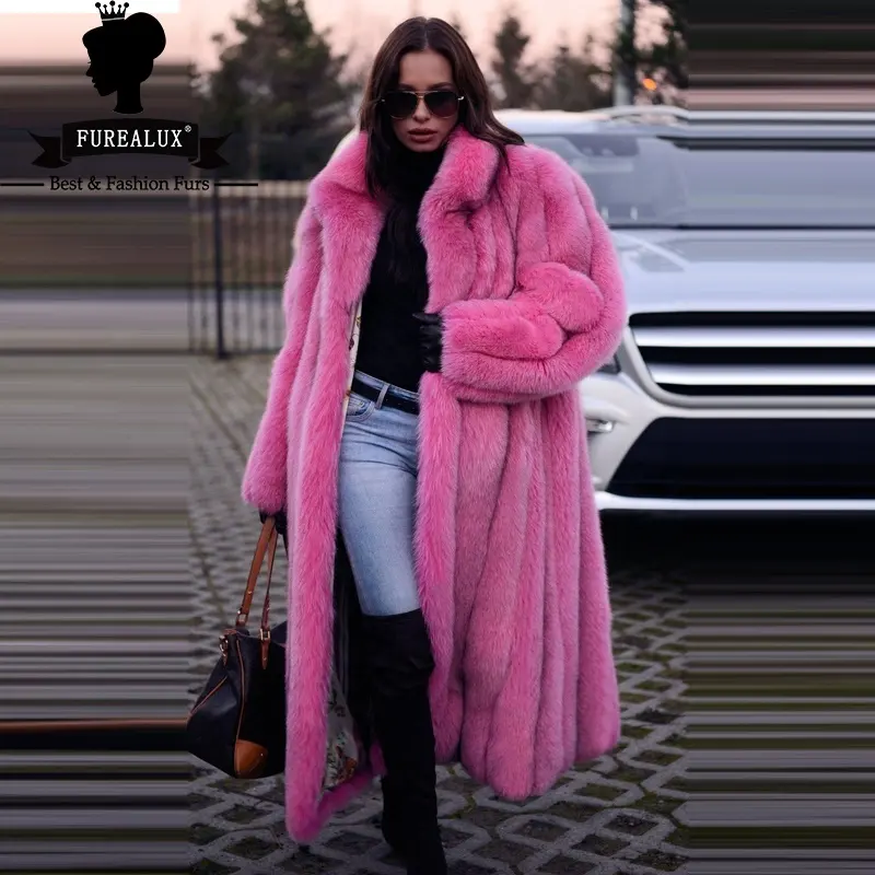 Pink Natural Fox Fur Coat 110cm Length Blue Fox Whole Skin Lapel Clothing Winter Fashion Trend Real Fur Outerwear High Quality