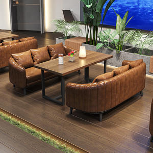 Ensemble de meubles de bar, table en bois massif et canapés en cuir, style industriel rectangulaire pour bars, cafés, pubs - Product Image 1