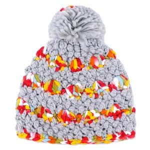 Qianzun Warm ski Thick women popcorn knit outdoor custom acrilico crochet knit pom pom beanie bobble hat