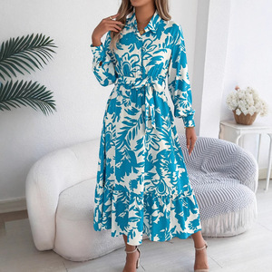 Primavera y <span class=keywords><strong>verano</strong></span> Ocio Flores Camisa de manga larga Falda Vestido con volantes Ropa de mujer - Product Image 4