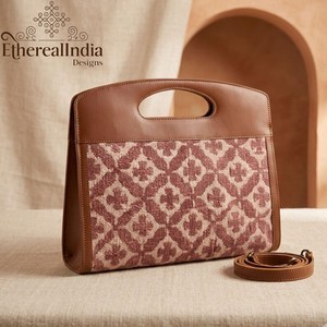 Damask Print Handbag Cotton Rug Tote with Leather Handle & <b>Strap</b> Boho Structured <b>Shoulder</b> Bag Handmade Gift for Her - Product Image 6