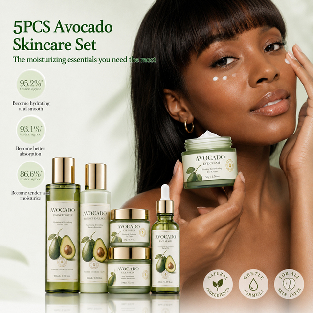 5PCS Avocado Skincare Set Vitamin C Hyaluronic Acid Hydrating face Care Kit Moisturizing Cream Serum Toner Cleanser OEM