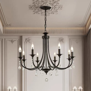 Lustre vintage en <span class=keywords><strong>fer</strong></span> <span class=keywords><strong>forgé</strong></span> <span class=keywords><strong>noir</strong></span> avec cristaux, style farmhouse, pour décoration intérieure, lampe suspendue pour la maison - Product Image 1