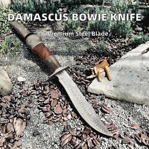 Couteau Bowie multifonctionnel de survie et de chasse en acier Damas inoxydable fait main de haute qualité, manche en bois de rose et os, OEM - Product Image 2