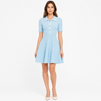 Robe en tricot côtelé bleu clair pour femme, col polo, manches courtes, mini, commande personnalisée OEM