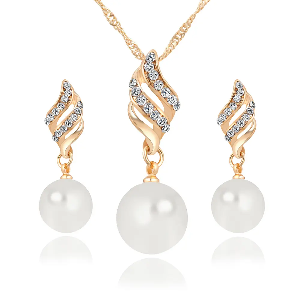 Fashion Women Necklace Earrings Jewelry Sets Crystal Gold Color Big Simulated Pearl Wedding Party Jewelry Sets For Women