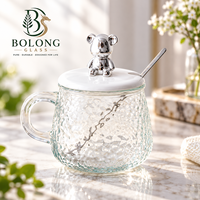 Tasse en verre texturé personnalisable avec couvercle et cuillère, bouton ours mignon, 13 cm, martelé, pour thé, café, boissons chaudes, cadeau, Bolong