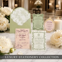 Ensemble d'invitations de mariage vintage vertes de qualité supérieure, invitations élégantes en satin floral pour la fête nuptiale, suite de papeterie de luxe pour fête