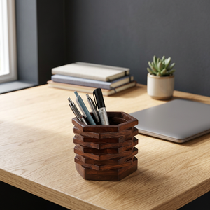 Porte-stylos hexagonal en bois fait main, organisateur de bureau au design superposé unique, artisanat en bois durable pour le rangement - Product Image 1