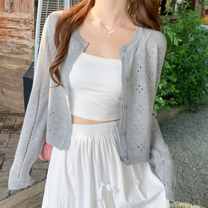 Cardigã de Malha Feminino de Manga Longa com Proteção Solar, Novo e Popular para o Verão, Cor Sólida, Curto, Decote em V, Halter com Renda - Product Image 2