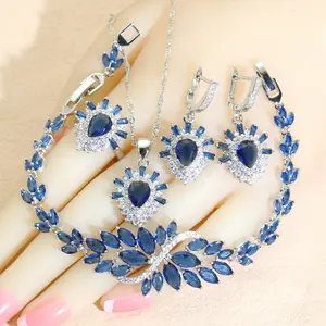 2023 New Silver 925 Schmuck-Sets für Frauen Blau Halbe del ohrringe Armband ringe Halskette Anhänger Hochzeits geschenk box