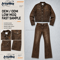 Ensemble veste et pantalon bootcut pour homme, effet délavé, avec poches poitrine à clous, style streetwear, vêtements OEM ODM