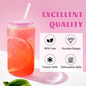 Set <span class=keywords><strong>di</strong></span> 8 bicchieri in vetro da 470 ml con coperchi e cannucce, a forma <span class=keywords><strong>di</strong></span> lattina, per caffè freddo, frullati, bibite, bubble tea, birra - Idea regalo - Product Image 5