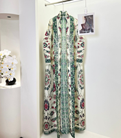 Abaya Kimono Longue Plissée à Col Montant et Imprimé Floral Ethnique Vintage pour Femmes Musulmanes – Idéale pour l'Aïd et le Moyen-Orient