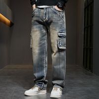 Celana Jeans Denim Longgar Ukuran Besar Multi Kantong Berkualitas Tinggi Khusus Pria, Model Baggy Fit