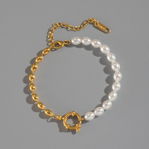 New French Style Non Tarnish 18k Gold Plated Stainless Steel Chain Simple Oval <b>Pearl</b> <b>Bracelet</b> for Women Jewelry - Product Image 5