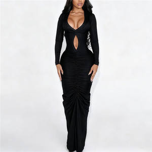 セクシーなホロードレス、女性用ローチェストプリーツフルスリーブ、エレガントなプロム、誕生日パーティー、ストレッチスキニーマキシドレス - Product Image 3