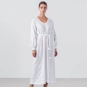 Tùy Chỉnh Phụ Nữ Thời Trang Giản Dị Cộng Với Kích Thước Dài Tay Áo Lỏng Lẻo Vành Đai Trắng <span class=keywords><strong>Linen</strong></span> Trắng Thêu Ăn Mặc - Product Image 1