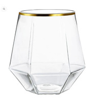 12 oz. Gobelets à vin en plastique jetables hexagonaux sans tige transparents avec bordure dorée