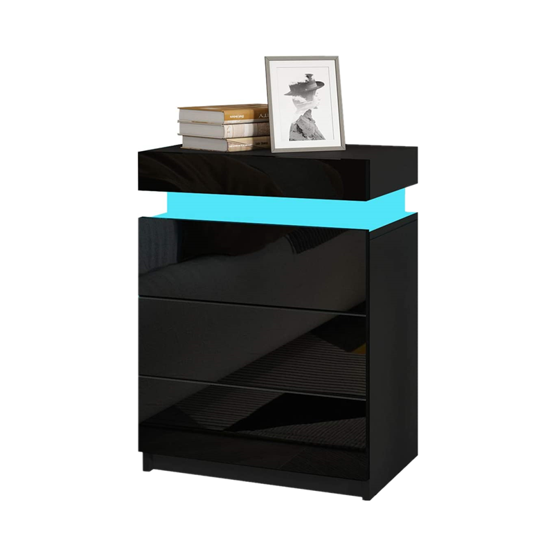 Современный комод с 3 выдвижными ящиками, прикроватный столик с высоким блеском и светодиодной подсветкой для спальни.