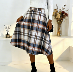 Joyinspring Women's Winter Natural Waist Plus Size <b>Magenta</b> Checkered Casual Ruffles Knee-Length A-Line Flared Fishnet Skirt - Product Image 1