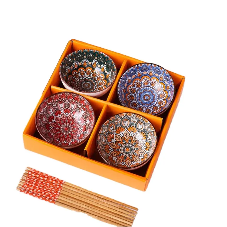 Novo conjunto de louça boêmio estilo chinês, tigela de cerâmica japonesa, pauzinhos, conjuntos de sopa, caixa de presente