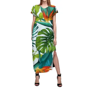Robes longues personnalisées à la mode, vente en gros, feuille de banane hawaïenne, Hibiscus, imprimé blanc, vêtements d'extérieur pour femmes