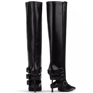 OEM Brand elegante <span class=keywords><strong>donna</strong></span> autunno nero cuoio Pu diverse cinghie tacco sottile punta <span class=keywords><strong>stivali</strong></span> alti al ginocchio per lo Shopping - Product Image 4