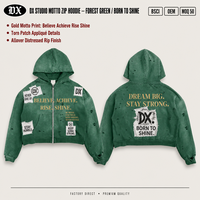 Sweat-shirts à capuche entièrement zippés personnalisés vert forêt, effet vieilli, avec patchs déchirés et appliqués, 380 g/m², pour marques, fabricants OEM ODM