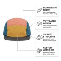 Fabricant professionnel de casquettes de camping à 5 panneaux, logo personnalisé, nylon froissé, patchwork multicolore, résistant à l'eau, style urbain et outdoor