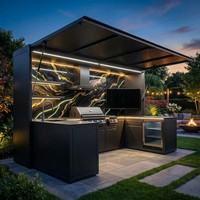 Isla de Cocina Prefabricada de Lujo para Exteriores con Encimera Integrada de Piedra Sinterizada, Panel de Resina Artística con Efecto Luminoso, Muebles de Exterior con Garantía de 10 Años