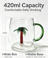 Gobelet en verre borosilicate de 420 ml, design moderne 3D palmier, poignée verte, compatible lave-vaisselle et micro-ondes, pour l'eau