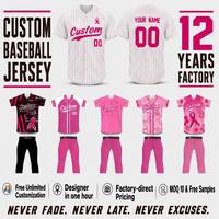 Maillot de baseball personnalisé en polyester à rayures fines, entièrement boutonné, sublimé, respirant et anti-humidité, pour la sensibilisation au cancer du sein, kits d'équipe de baseball