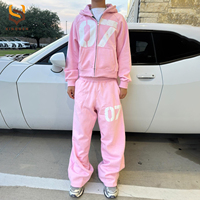 Ensemble de survêtement rose personnalisé de haute qualité avec sweat à capuche zippé imprimé et pantalon de jogging ample évasé pour homme