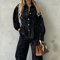 Nouvelle Collection Automne 2026 : Ensemble en Jean Imprimé Abstrait avec Ceinture, Veste et Pantalon en Denim Color Block pour Femme