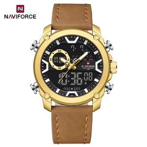 Nuevo Reloj <span class=keywords><strong>de</strong></span> Pulsera NAVIFORCE <span class=keywords><strong>de</strong></span> Lujo para Hombre, Dorado, con Doble Pantalla <span class=keywords><strong>de</strong></span> Hora, Correa <span class=keywords><strong>de</strong></span> Cuero Genuino, Resistente al Agua 3ATM, Modo <span class=keywords><strong>de</strong></span> Reloj Despertador, Modelo 9261 - Product Image 1