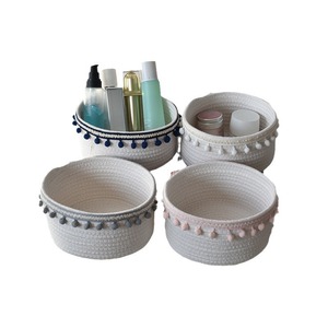 Woven <b>Storage</b> <b>Basket</b> Round Cotton Rope Pom Pom Desktop Organizer Handmade <b>Storage</b> <b>Baskets</b> - Product Image 4