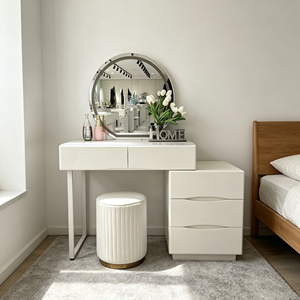 Tocador de maquillaje minimalista moderno con espejo ovalado iluminado y cajones de almacenamiento, mesa de tocador para dormitorio con taburete. - Product Image 1
