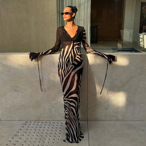 V-neck Long Sleeve Sheer Zebra Print Evening Dress Full Length Slim Fit Fashionable Transparent Dress - Product Image 1