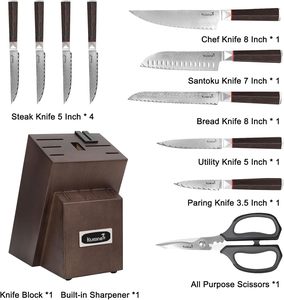 Juego de Cuchillos de Cocina Kuisine de 12 Piezas de Acero de Damasco con Bloque Afilador Integrado, Mango de Madera Antideslizante, Apto para Lavavajillas, Alto Pulido - Product Image 6