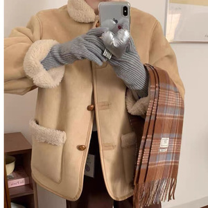 Women's Korean Style Suede Fleece Coat Khaki Loose Fit Warm Autumn Winter Outerwear - Product Image 2