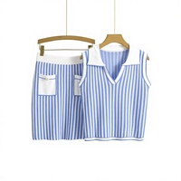 Ensemble d'été tricoté en nylon/coton anti-plis style preppy : haut rayé sans manches à col mandarin avec poches + jupe fourreau taille haute