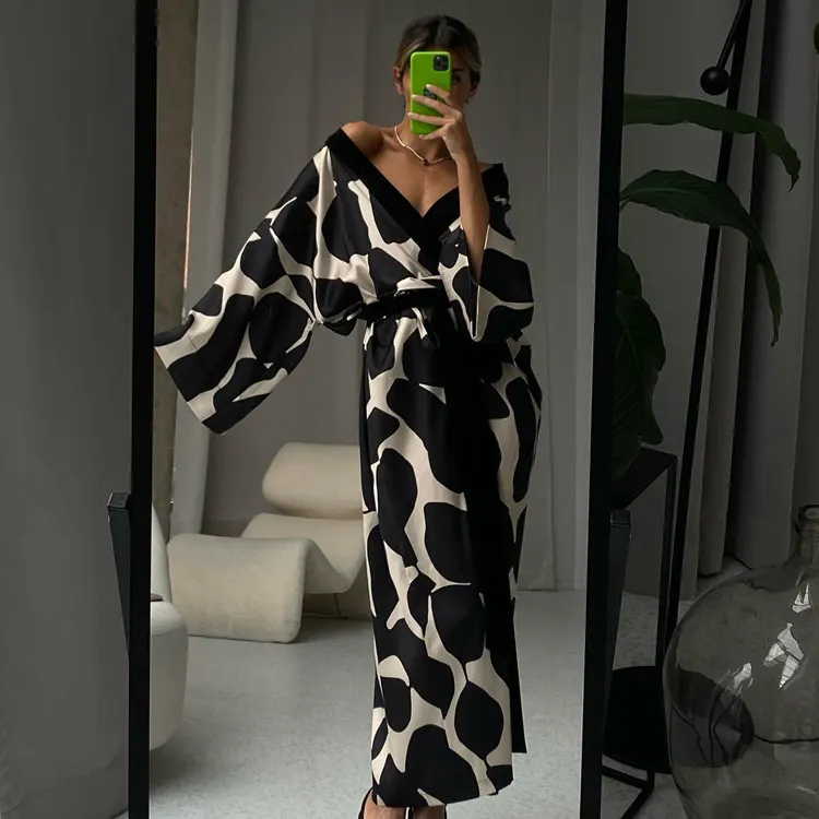 Spring Fashion Satin Loungewear Print Lace-Up V Neck Robe Femme Sexy Loose Long Sleeve Elegant Dresses Women