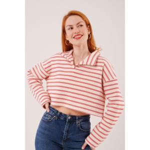 Women's <b>Red</b> Striped for Polo Collar Crop Sweatshirt Wholesale <b>Hoodies</b> & Sweatshirts - Product Image 6